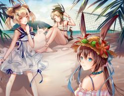 Rule 34 | 3girls, :d, amiya (arknights), animal ears, aqua eyes, arknights, arm strap, bare arms, bare shoulders, beach, bear ears, bikini, blonde hair, blue choker, blue ribbon, blue sailor collar, brown hair, candy hair ornament, chinese commentary, choker, commentary request, dress, ears through headwear, feet out of frame, flower, food-themed hair ornament, from behind, goggles, goggles on headwear, gummy (arknights), gummy (summer flowers) (arknights), hair between eyes, hair ornament, hairclip, hand up, hat, hat flower, hat ribbon, highres, holding, ifrit (arknights), ifrit (sunburn) (arknights), long hair, looking at viewer, looking back, low ponytail, material growth, mini hat, multiple girls, ocean, off-shoulder shirt, off shoulder, official alternate costume, open mouth, orange eyes, oripathy lesion (arknights), parted lips, pink shirt, puffy sleeves, puruii, rabbit ears, red flower, ribbon, sailor collar, sailor dress, sand sculpture, shirt, short dress, short hair, sleeveless, sleeveless dress, smile, standing, sun hat, swimsuit, tail, thighs, twintails, upper body, water, white bikini, white dress