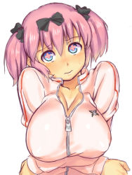 Rule 34 | + +, 10s, 1girl, aouma, bad id, bad pixiv id, blue eyes, blush, bow, breasts squeezed together, breasts, cleavage, covered erect nipples, hair bow, hibari (senran kagura), highres, jacket, large breasts, pink hair, senran kagura, short hair, short twintails, solo, sweat, symbol-shaped pupils, track jacket, twintails, zipper
