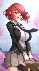Rule 34 | 1girl, :d, absurdres, alternate costume, bag, black jacket, blazer, breasts, buttons, character doll, gonzarez, hair ornament, hairpin, highres, holding, holding bag, jacket, large breasts, long sleeves, miniskirt, necktie, open clothes, open jacket, open mouth, pleated skirt, purple necktie, pyra (xenoblade), red eyes, red hair, rex (xenoblade), school blazer (xenoblade x), school uniform, shirt, short hair, skirt, smile, solo, swept bangs, white shirt, xenoblade chronicles (series), xenoblade chronicles 2, xenoblade chronicles x