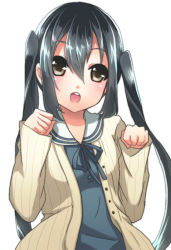 Rule 34 | 1girl, black hair, brown eyes, cardigan, colorized, emappo, k-on!, k-on! movie, long hair, nakano azusa, open cardigan, open clothes, paw pose, rin amiko, sailor collar, twintails