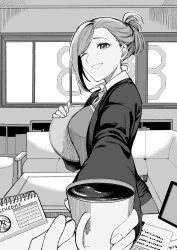 Rule 34 | 1boy, 1girl, bookshelf, breasts, calendar (object), couch, cup, desk, folded ponytail, formal, greyscale, highres, holding, holding cup, holding tray, idolmaster, idolmaster shiny colors, indoors, iori (io rrri), jacket, large breasts, long hair, long sleeves, looking at viewer, monochrome, nanakusa hazuki, office, office lady, one eye closed, open clothes, open jacket, paper, pov, producer (idolmaster), reaching, reaching towards viewer, shirt, smile, swept bangs, table, tablet pc, tray, window