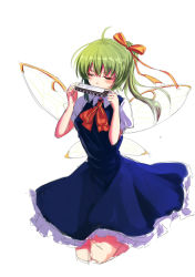 Rule 34 | 1girl, blue dress, blush, bow, closed eyes, colorized, daiyousei, dress, fairy wings, green hair, hair ornament, hair ribbon, harmonica, highres, instrument, koissa, long hair, music, playing instrument, puffy sleeves, ribbon, short sleeves, side ponytail, simple background, sketch, solo, touhou, white background, wings