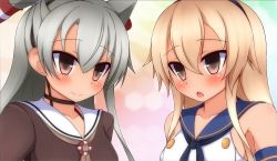 Rule 34 | 10s, amatsukaze (kancolle), blonde hair, brown eyes, hair tubes, kantai collection, long hair, looking at another, shimakaze (kancolle), silver hair, smile, two side up, zack (haiuinndo)
