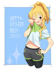 Rule 34 | 1girl, black leggings, blonde hair, blue background, blush, border, clothes lift, dated, green eyes, green shirt, grey shorts, gulim, hand on own hip, hand up, happy birthday, highres, hoshii miki, idolmaster, idolmaster (classic), leggings, long hair, midriff peek, navel, one eye closed, open mouth, outside border, ponytail, shirt, shirt lift, short shorts, shorts, sidelocks, solo, sparkle, sweat, two-tone shirt, white border, white shirt, wiping face, wiping sweat, wristband