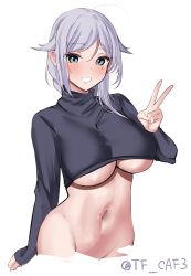 Rule 34 | 1girl, black shirt, blue eyes, blush, bottomless, braid, breasts, cropped legs, grey hair, groin, highres, kantai collection, large breasts, long hair, looking at viewer, mole, mole under eye, navel, shirt, simple background, single braid, smile, solo, tf cafe, twitter username, umikaze (kancolle), v, very long hair, white background