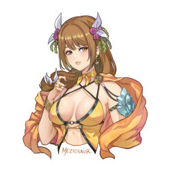 Rule 34 | 1girl, artist name, bare shoulders, bracelet, breasts, brown eyes, brown hair, cape, choker, commentary, criss-cross halter, cropped torso, earrings, fire emblem, fire emblem engage, flower, goldmary (fire emblem), hair flower, hair ornament, hair ribbon, halterneck, hand up, jewelry, large breasts, long hair, meziosaur, nintendo, orange cape, purple flower, ribbon, signature, simple background, solo, upper body, white background, white ribbon, yellow choker