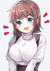 Rule 34 | 1girl, :d, blue eyes, blunt bangs, blush, breasts, brown hair, commentary request, happy, highres, large breasts, looking at viewer, medium hair, meimei (meimei89008309), notice lines, open mouth, original, simple background, smile, solo, sweater, upper body, white background, white sweater