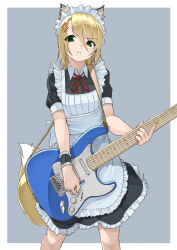 Rule 34 | 1girl, animal ears, apron, arai kogane, black dress, blonde hair, border, collared dress, commentary request, cowboy shot, dress, frilled apron, frills, green eyes, guitar, hair between eyes, hair ornament, highres, holding, holding instrument, instrument, maid apron, maid day, maid headdress, music, neck ribbon, original, outside border, playing instrument, red ribbon, ribbon, solo, standing, white border, wrist cuffs