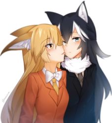 Rule 34 | 10s, 2girls, animal ears, black hair, blazer, blonde hair, blue eyes, blush, bow, bowtie, closed mouth, ezo red fox (kemono friends), formal, fox ears, fur, fur collar, grey wolf (kemono friends), hair between eyes, heterochromia, jacket, kemono friends, licking, licking another&#039;s face, long hair, long sleeves, multicolored hair, multiple girls, necktie, orange eyes, plaid, plaid necktie, plaid neckwear, streaked hair, suit, tilt-shift (azalanz), tongue, tongue out, two-tone hair, upper body, very long hair, white bow, white bowtie, white hair, wolf ears, yellow eyes, yellow necktie, yuri