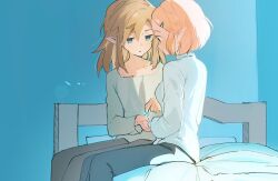 Rule 34 | 1boy, 1girl, bedroom, black pants, bob cut, braid, brown pants, collarbone, couple, crown braid, giving, hair ornament, hairclip, hetero, holding, holding jewelry, holding ring, jewelry, link, long sleeves, medium hair, nintendo, o ga, on bed, pants, parted lips, pointy ears, princess zelda, ring, shirt, sitting, the legend of zelda, the legend of zelda: tears of the kingdom, thick eyebrows, white shirt