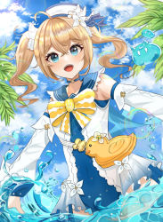 1girl bag barbara_(genshin_impact) barbara_(summertime_sparkle)_(genshin_impact) bare_shoulders bird blonde_hair blue_eyes blue_sky blush bow bowtie choker cloud cloudy_sky day duck flower frilled_skirt frills genshin_impact hair_flower hair_ornament hat highres kim_leeyoon long_sleeves one-piece_swimsuit open_mouth outstretched_arms partially_submerged sailor_hat skirt sky slime_(genshin_impact) solo spread_arms swimsuit twintails water