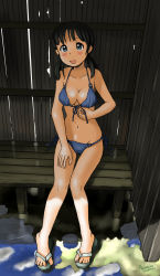 Rule 34 | 00s, 1girl, 2008, artist name, awatake takahiro, bikini, blush, breasts, bus stop, character request, cleavage, copyright request, dated, embarrassed, front-tie bikini top, front-tie top, highres, looking at viewer, medium breasts, outdoors, puddle, reflection, sandals, short twintails, side-tie bikini bottom, sitting, smile, solo, swimsuit, tagme, twintails