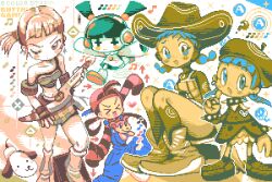 Rule 34 | &gt; &lt;, + +, 5girls, :3, ?, animal, animal in clothes, armband, arrow (symbol), art study, beret, blunt bangs, blush stickers, boots, bracelet, braid, bust a move, christy frisby, collar, collared dress, columbo (bust a move), cool cool toon, cowboy boots, cowboy hat, dog, dot mouth, dot nose, dress, dual persona, earrings, fingerless gloves, freckles, frills, full body, gitaroo man, gloves, guitar, hat, headphones, heart, holding, holding guitar, holding instrument, instrument, jewelry, kirah (gitaroo man), knee boots, leg up, limited palette, long sleeves, low twin braids, low twintails, midriff, miniskirt, multiple girls, musical note, one eye closed, open mouth, outstretched arms, overalls, pixel art, pointing, pointing at self, puma (gitaroo man), rain (technictix), raised eyebrows, ripples, shirt, shorty (bust a move), side ponytail, single fingerless glove, skirt, smile, spica (cool cool toon), spiked bracelet, spiked collar, spikes, squatting, striped clothes, striped shirt, technictix, turtleneck, turtleneck dress, twin braids, twintails, very long sleeves