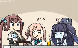 Rule 34 | +++, 3girls, abyssal ship, ahoge, animal, aqua bow, aqua bowtie, arm warmers, asagumo (kancolle), black hair, black sailor collar, blue eyes, blue skin, bow, bowtie, brown hair, colored skin, commentary request, cup, dated, dock princess, dress, drinking glass, drinking straw, food, glasses, grey eyes, grey skirt, hair bun, hamu koutarou, highres, juice, kantai collection, long hair, makigumo (kancolle), multiple girls, open mouth, pink hair, pleated skirt, rabbit, sailor collar, sailor dress, shirt, short sleeves, single hair bun, skirt, sleeveless, sleeveless dress, sleeves past wrists, smile, twintails, white shirt
