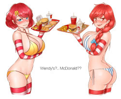 Rule 34 | 2girls, :d, ?, ??, ass, bacon, bikini, blue eyes, blush, braid, breast hold, breasts, burger, butt crack, cheese, chicken nuggets, cleavage, drink, drinking straw, elbow gloves, english text, food, french fries, gloves, groin, hair ornament, highres, hip focus, large breasts, looking at viewer, mcdonald&#039;s, multiple girls, navel, open mouth, panties, pixeycube1987, product girl, red eyes, red hair, sauce, short hair, side-tie bikini bottom, simple background, smile, smug, striped bikini, striped clothes, striped legwear, striped thighhighs, swept bangs, swimsuit, text focus, thighhighs, thighs, tray, twin braids, underwear, vertical-striped bikini, vertical-striped clothes, wavy mouth, wendy&#039;s, wendy (wendy&#039;s), white background, yellow bikini