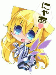 Rule 34 | 00s, 1girl, :d, animal ears, black pantyhose, blonde hair, blue eyes, cat ears, cat girl, chibi, colette brunel, dress, female focus, full body, happy, kemonomimi mode, long hair, milkpanda, open mouth, pantyhose, shoes, simple background, smile, solo, tales of (series), tales of symphonia, white background, wings