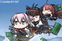 Rule 34 | 3girls, ahoge, black gloves, blue eyes, blue sky, bodysuit, brown eyes, brown hair, cannon, commentary request, dated, drum (container), elbow gloves, fingerless gloves, flying sweatdrops, gloves, hairband, hamu koutarou, hatsuzuki (kancolle), headband, kantai collection, kawakaze (kancolle), long hair, low twintails, machinery, multiple girls, neck ribbon, o o, ocean, open mouth, ponytail, purple hair, red hair, red ribbon, ribbon, rope, rope train, school uniform, serafuku, shiranui (kancolle), short hair, sky, standing, standing on liquid, twintails, walking, walking on liquid, white gloves