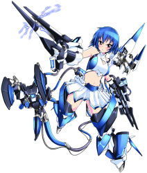 Rule 34 | 1girl, armored core, armored core: for answer, bare shoulders, blue hair, electricity, female focus, from software, full body, gloves, gun, highres, mecha musume, midriff, miitoban, navel, rifle, short hair, simple background, skirt, solo, stasis, weapon, white background