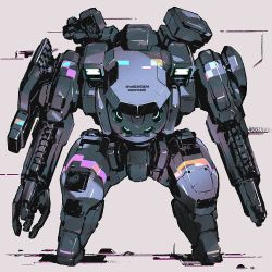 Rule 34 | arm cannon, extra eyes, green eyes, highres, jnt, leaning forward, mecha, no humans, original, robot, science fiction, shadow, solo, standing, weapon