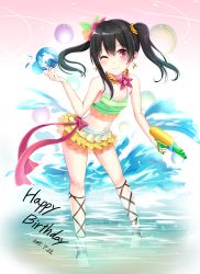 Rule 34 | 10s, 1girl, 2015, absurdres, ankle lace-up, barefoot, barefoot sandals (jewelry), bikini, black hair, breasts, cross-laced footwear, dated, earrings, frilled bikini, frills, gun, hair ornament, highres, holding, holding gun, holding weapon, jewelry, karumayu, long hair, looking at viewer, love live!, love live! school idol project, natsuiro egao de 1 2 jump!, navel, one eye closed, red eyes, see-through, small breasts, smile, solo, star (symbol), star earrings, striped bikini, striped clothes, swimsuit, twintails, water gun, weapon, yazawa nico