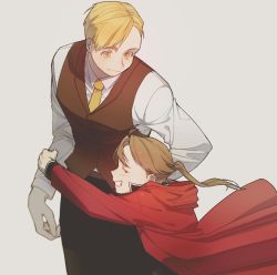 Rule 34 | 2boys, :d, ^ ^, age difference, alphonse elric, arms at sides, black pants, blonde hair, blush, clenched teeth, closed eyes, coat, conqueror of shambala, dress shirt, dual persona, closed eyes, floating hair, fullmetal alchemist, grey background, happy, height difference, highres, hood, hood down, hooded coat, hug, light brown hair, long sleeves, looking at another, looking down, male focus, multiple boys, necktie, open mouth, pants, ponytail, red coat, shirt, simple background, smile, standing, sumssingbo, teeth, time paradox, upper body, waist hug, waistcoat, white shirt, yellow eyes, yellow neckwear