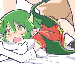 Rule 34 | 1girl, bed, bent over, blush, china dress, chinese clothes, clothed female nude male, clothed sex, draco centauros, dragon girl, dragon tail, dragon wings, dress, elbow gloves, fang, gloves, green eyes, green hair, horns, madou monogatari, nude, oekaki, open mouth, pillow, pointy ears, puyopuyo, puyopuyo fever, sex, short hair, solo focus, tail, tears, tomu (tomubobu), wings