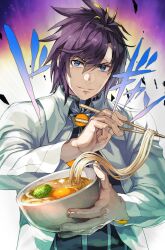 Rule 34 | 1boy, blue eyes, bowl, chopsticks, commentary request, daijuuji kurou, demonbane, egg, food, hair between eyes, highres, holding, holding bowl, holding chopsticks, jacket, looking at viewer, male focus, nishii (damnedrive), noodles, open clothes, open jacket, purple hair, ramen, smile, smug, solo, spiked hair, udon, upper body, white jacket