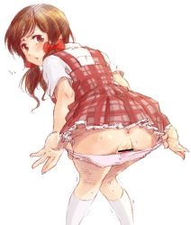 Rule 34 | 1girl, :&lt;, alternate costume, anus, ass, axis powers hetalia, bar censor, bent over, blush, bow, brown eyes, brown hair, censored, dress, embarrassed, from behind, hair bow, hair ribbon, kneehighs, knees together feet apart, leaning forward, looking at viewer, looking back, matching hair/eyes, miniskirt, moge-hera, panties, panty pull, partially visible vulva, petticoat, pinafore dress, pink panties, plaid, presenting, pussy, red bow, ribbon, school uniform, seychelles (hetalia), shirt, short dress, short sleeves, simple background, sketch, skirt, sleeveless, sleeveless dress, socks, solo, sweat, tears, trembling, twintails, underwear, white background, white shirt, white socks