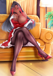 Rule 34 | 1girl, absurdres, black hair, blush, grabbing another&#039;s breast, breasts, breasts squeezed together, cleavage, couch, crossed legs, curtains, dark-skinned female, dark skin, deep skin, dress, elbow gloves, full body, gloves, grabbing, grabbing own breast, hair between eyes, head tilt, high heels, highres, huge breasts, indoors, kono subarashii sekai ni shukufuku wo!, kono subarashii sekai ni shukufuku wo!: kurenai densetsu, long hair, looking at viewer, multicolored hair, pantyhose, plant, potted plant, purple eyes, red dress, red footwear, red hair, shoes, siki2046, sitting, smile, solo, strapless, strapless dress, sylvia (konosuba), white gloves, yellow curtains