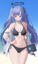 Rule 34 | 1girl, absurdres, alternate hairstyle, andamiro, bare shoulders, beach, bikini, black bikini, blue archive, blue eyes, blue hair, breasts, cleavage, half-closed eyes, halo, hand on own hip, highres, id card, large breasts, medium breasts, navel, official art, open mouth, simple background, solo, swimsuit, unfinished, white background, yuuka (blue archive)