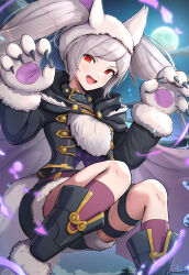 Rule 34 | 1girl, absurdres, alternate costume, animal collar, animal ear headwear, animal ears, black coat, boots, cape, claws, coat, collar, commentary, fake animal ears, fang, fire emblem, fire emblem awakening, fire emblem heroes, fur trim, gloves, gonzarez, grima (fire emblem), halloween, halloween costume, highres, looking at viewer, nintendo, official alternate costume, purple cape, red eyes, revision, robin (female) (fire emblem), robin (female) (halloween) (fire emblem), robin (fire emblem), shorts, twintails, white hair, wolf ears, wolf girl