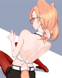 1girl animal_ears back back_focus backless_outfit bare_back bare_shoulders belt black_shorts cat_ears cat_girl cat_tail commentary_request glasses grey_background hair_behind_ear hair_ornament hairclip highres holding holding_own_hair indie_virtual_youtuber kasai_itsuki kasai_itsuki_(artist) looking_at_viewer looking_back medium_hair nape no_shoes orange_eyes orange_hair red-framed_eyewear shorts sitting solo tail two-tone_background virtual_youtuber white_background white_belt