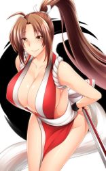 Rule 34 | 1girl, ahoge, bare shoulders, breasts, brown eyes, brown hair, cleavage, collarbone, cowboy shot, folded fan, folding fan, hand fan, hand on own hip, japanese clothes, large breasts, leaning forward, long hair, looking at viewer, megatama, parted bangs, pelvic curtain, ponytail, revealing clothes, rope, shiranui mai, sideboob, smile, solo, the king of fighters, very long hair, wristband