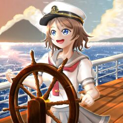 1girl blue_eyes boat brown_hair cloud highres hill horse_water love_live! love_live!_sunshine!! necktie ocean school_uniform serafuku short_hair skirt sky solo watanabe_you watercraft waving