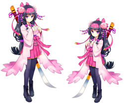 Rule 34 | 1girl, aged up, black footwear, black hair, black pantyhose, bow, dual persona, flower, flower knight girl, full body, hair bow, hair flower, hair ornament, hairband, japanese clothes, long hair, looking at viewer, low-tied long hair, naginata, pantyhose, pink bow, pink skirt, polearm, shakuyaku (flower knight girl), shoes, simple background, skirt, standing, sugimeno, very long hair, weapon, white background