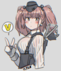 Rule 34 | 1girl, anchor hair ornament, artist name, atlanta (kancolle), black hat, black skirt, breasts, brown hair, crane (machine), dress shirt, earrings, ergot, garrison cap, gloves, grey background, grey eyes, hair ornament, hat, high-waist skirt, hook, jewelry, kantai collection, large breasts, long hair, long sleeves, looking at viewer, machinery, partially fingerless gloves, shirt, simple background, skirt, solo, star (symbol), star earrings, suspender skirt, suspenders, two side up, v, white gloves, white shirt