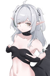 Rule 34 | 1girl, absurdres, ahoge, arknights, arm strap, bare shoulders, bikini, black bikini, black choker, black gloves, blush, breasts, brown eyes, choker, closed mouth, collarbone, ganjiang, gloves, grey hair, hair intakes, hands on own chest, highres, long hair, looking at viewer, navel, partially fingerless gloves, pointy ears, simple background, small breasts, solo, strapless, strapless bikini, swept bangs, swimsuit, tomimi (arknights), two side up, upper body, white background