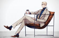 Rule 34 | 1boy, animal print, blonde hair, blue shirt, blue socks, brown footwear, chair, collared shirt, cup, disposable cup, formal, full body, grey pants, grey suit, holding, holding cup, jujutsu kaisen, leopard print, long sleeves, male focus, moyashi (narukami), nanami kento, necktie, pants, shirt, shoes, short hair, sitting, socks, solo, striped clothes, striped socks, suit, sunglasses, yellow necktie