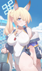 1girl absurdres animal_ear_fluff animal_ears bare_shoulders barefoot bei_qi blonde_hair blue_archive blue_eyes blue_halo blush breasts chain-link_fence chinese_commentary commentary_request competition_swimsuit covered_navel dog_ears feet fence hair_over_one_eye halo highleg highleg_one-piece_swimsuit highres innertube jacket kanna_(blue_archive) kanna_(swimsuit)_(blue_archive) large_breasts leg_up long_hair motion_lines off_shoulder official_alternate_costume one-piece_swimsuit open_clothes open_jacket outdoors ponytail soles solo standing standing_on_one_leg stretching swim_ring swimsuit toes water_slide whistle whistle_around_neck white_one-piece_swimsuit