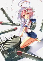 Rule 34 | 10s, 1girl, :d, ahoge, fang, from side, hair ornament, highres, i-58 (kancolle), kantai collection, machinery, open mouth, pink eyes, pink hair, school swimsuit, school uniform, serafuku, short hair, smile, solo, swimsuit, swimsuit under clothes, torpedo, type 95 torpedo, unomi