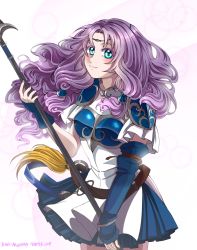 Rule 34 | 1girl, armor, blue eyes, breastplate, curly hair, elbow gloves, fingerless gloves, fire emblem, fire emblem: the blazing blade, gloves, halberd, highres, holding, holding weapon, long hair, looking at viewer, nintendo, pauldrons, polearm, purple hair, shoulder armor, simple background, skirt, smile, solo, tempenite, weapon