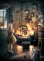 Rule 34 | 1girl, armchair, arson, bandaged arm, bandaged leg, bandaged wrist, bandages, blonde hair, bobby socks, burning, carpet, chair, chest of drawers, clock, commentary request, curtains, cushion, dress, fire, flower, from behind, gas can, highres, indoors, kobone awaki, lamp, light, light particles, long hair, matchbox, original, shoes, short sleeves, socks, solo, stuffed animal, stuffed toy, teddy bear, wall lamp, window, wooden floor
