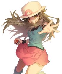 Rule 34 | 1girl, ankea (a-ramo-do), blue shirt, blue socks, brown eyes, brown hair, creatures (company), floating hair, game freak, hat, holding, holding poke ball, kneehighs, leaf (pokemon), long hair, looking at viewer, miniskirt, nintendo, outstretched arm, outstretched hand, pink skirt, poke ball, poke ball (basic), pokemon, pokemon frlg, shirt, simple background, skirt, sleeveless, sleeveless shirt, socks, solo, standing, very long hair, white background, white hat