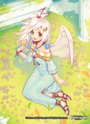 Rule 34 | 1girl, bad id, bad pixiv id, bare shoulders, bird, column, dress, flower, force of will, hair ribbon, long hair, mie nabe, original, pillar, pink hair, red hair, ribbon, sandals, sitting, smile, solo, wings