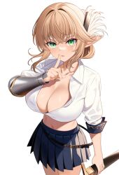 Rule 34 | 1girl, aegis (takunomi), blonde hair, blue skirt, breasts, cleavage, collarbone, collared shirt, commentary request, crop top, elf, enjo kouhai, finger to mouth, green eyes, highres, holding, holding sword, holding weapon, index finger raised, large breasts, looking at viewer, midriff, pleated skirt, pointy ears, shirt, short hair, shushing, simple background, skirt, solo, sword, takunomi, uniform, weapon, white background, white shirt