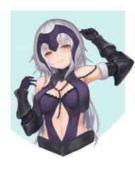 Rule 34 | 1girl, arm guards, arm up, armpits, bare shoulders, belt, blonde hair, blue background, blush, breasts, chain, cleavage, cleavage cutout, closed mouth, clothing cutout, collar, commentary request, fate/apocrypha, fate (series), fur-trimmed gloves, fur trim, gloves, head tilt, headpiece, highres, jeanne d&#039;arc (fate), jeanne d&#039;arc alter (avenger) (fate), jeanne d&#039;arc alter (avenger) (third ascension) (fate), jeanne d&#039;arc alter (fate), long hair, looking at viewer, medium breasts, navel, navel cutout, purple gloves, revealing clothes, shou xun bu liang, silver hair, smile, solo, stomach, upper body