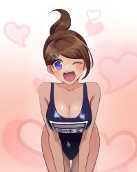 Rule 34 | 1girl, ;d, asahina aoi, bent over, blue eyes, breasts, brown hair, character name, cleavage, collarbone, cowboy shot, danganronpa: trigger happy havoc, danganronpa (series), dark-skinned female, dark skin, floating hair, gradient background, hair ornament, hairclip, heart, heart background, highres, large breasts, looking at viewer, one eye closed, open mouth, pink background, ponytail, school swimsuit, shiny skin, short hair, sketti, smile, solo, standing, swept bangs, swimsuit