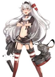 Rule 34 | 10s, 1girl, amatsukaze (kancolle), black panties, blush, bow, bow panties, breasts, brown eyes, choker, crossed arms, damaged, dress, face, fang, frilled panties, frills, garter straps, kantai collection, long hair, navel, open mouth, panties, pokimari, rensouhou-kun, sailor dress, short dress, side-tie panties, silver hair, skirt, small breasts, solo, thighhighs, torn clothes, torn dress, torn skirt, torn thighhighs, two side up, underboob, underwear, very long hair, white background, zettai ryouiki