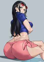 Rule 34 | 1girl, artist name, ashiomi masato, ass, asymmetrical legwear, bad perspective, black hair, blue jacket, breasts, butt crack, cleavage, collared jacket, cropped jacket, crossed legs, eyewear on head, feet out of frame, female focus, forehead, from behind, from below, highres, jacket, large breasts, lips, long hair, looking at viewer, lowleg, midriff, navel, nico robin, no bra, no panties, nose, official alternate costume, one piece, parted bangs, parted lips, partially unzipped, red-tinted eyewear, sarong, shadow, short sleeves, sidelocks, simple background, smile, solo, tinted eyewear, tsurime