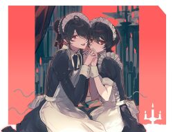 Rule 34 | 2boys, ahoge, apron, black hair, border, brothers, covered mouth, crossdressing, ensemble stars!, hair over one eye, highres, holding hands, kyikyi, long sleeves, looking at viewer, maid, maid apron, maid headdress, male focus, multiple boys, one eye covered, open mouth, red background, red eyes, sakuma rei (ensemble stars!), sakuma ritsu, short sleeves, siblings, smile, white border